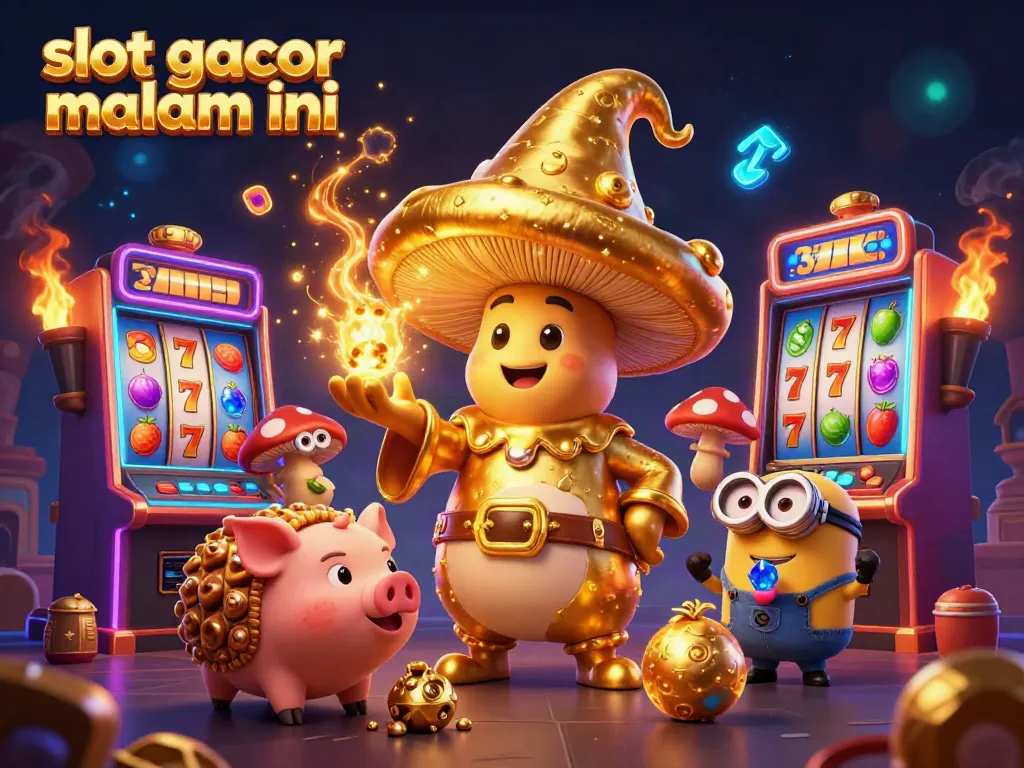 Slot gacor malam ini dengan karakter kartun sulap dan mesin slot penuh emas dalam suasana magis.