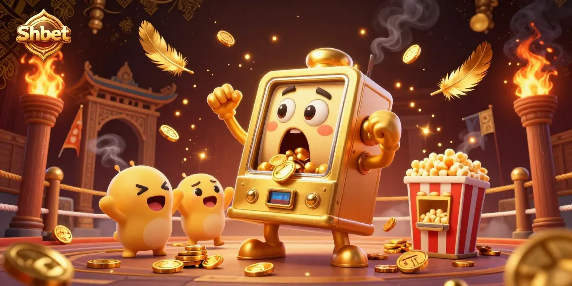 Experience Shbet's thrilling jackpot win with lively slot machines and golden coins cascading in celebration.