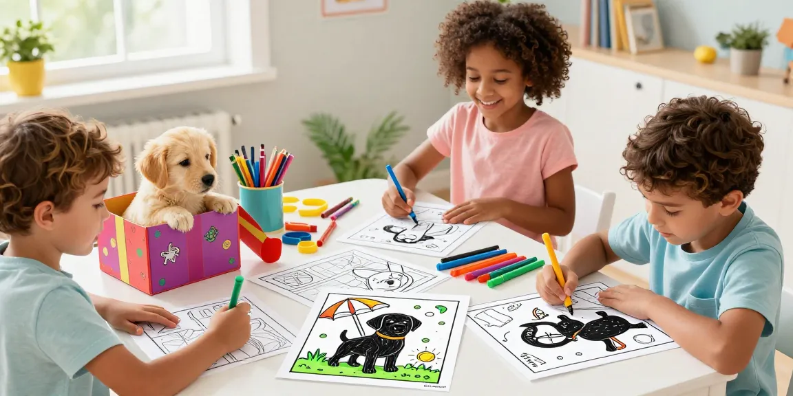 Children enjoying educational coloring of Labrador Retriever pages in a bright, creative indoor space.