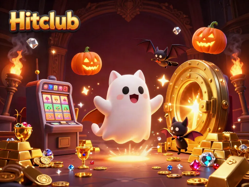 Hitclub players spinning slots in a haunted mansion, surrounded by glowing jackpots and treasures.