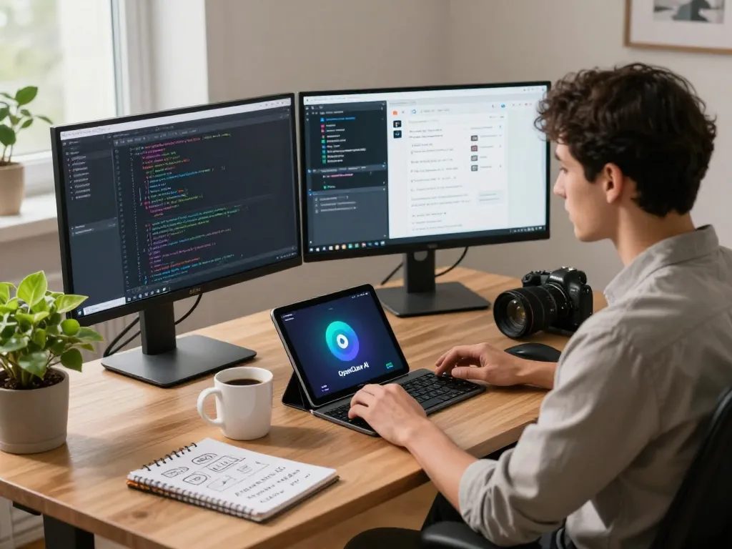 Developer using OpenClaw AI assistant at a modern home office desk, surrounded by code and productivity tools.