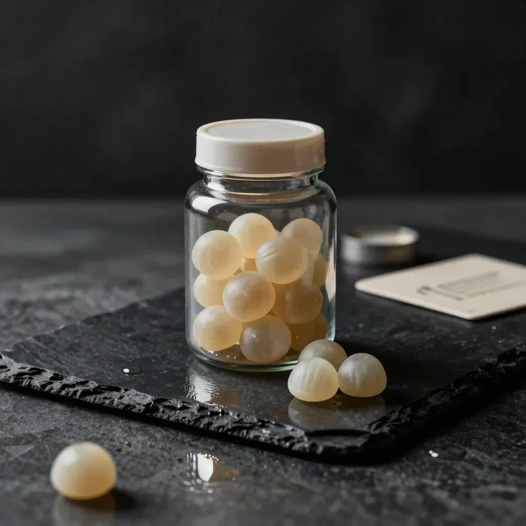Clear jar of sleep gummies on wet slate with cool reflections and cream highlights.