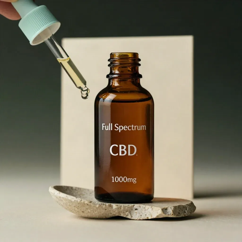 Amber CBD oil bottle with mint dropper and stone spoon floating above a cream backdrop.