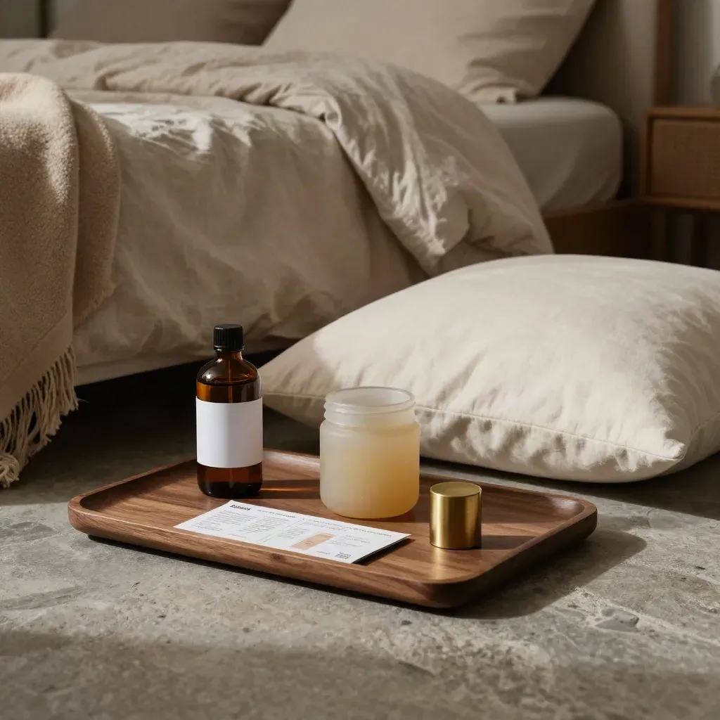 CBD sleep bundle on a bed with oil, gummies, and dose guide in soft evening light.