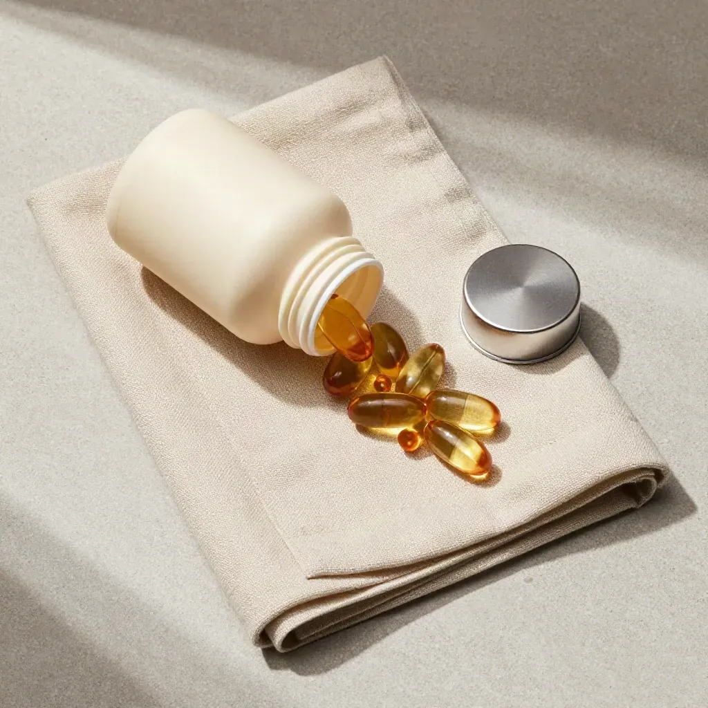 Overhead flatlay of CBD softgels with cream linen, brushed metal cap, and pale concrete slab.