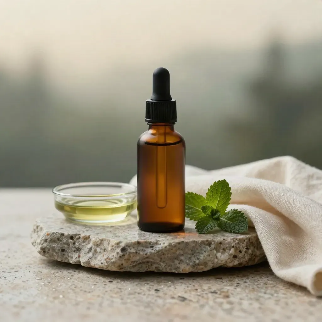 Amber CBD oil bottle with mint, oil dish and linen on stone in soft dawn studio light.