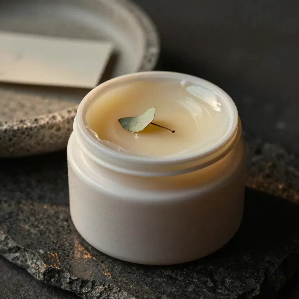 Macro balm jar with eucalyptus leaves on carved stone, warm highlight and soft herbal mist.