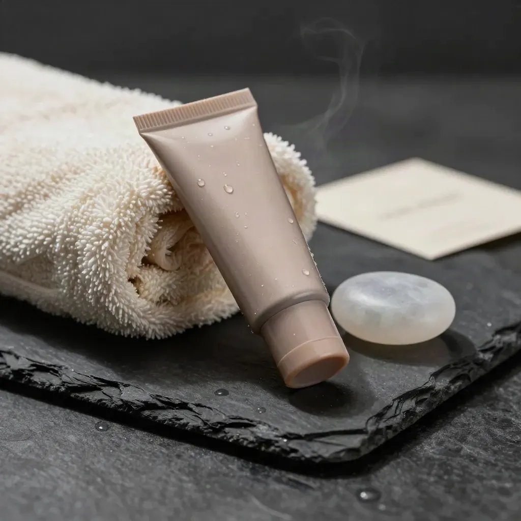 Roll-on recovery gel tube with towel and slate stone in dramatic studio light