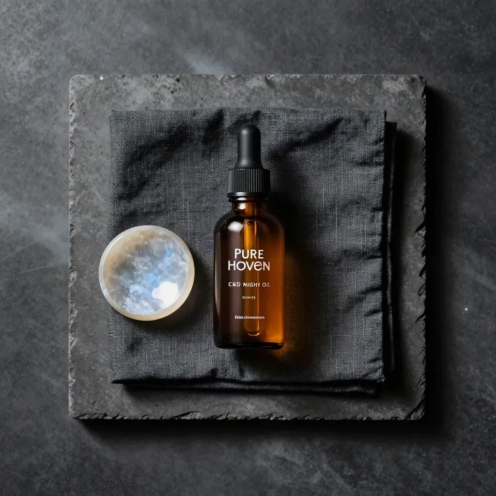 Amber CBD oil bottle with moonstone dish, charcoal linen, and a sage pod on dark concrete.