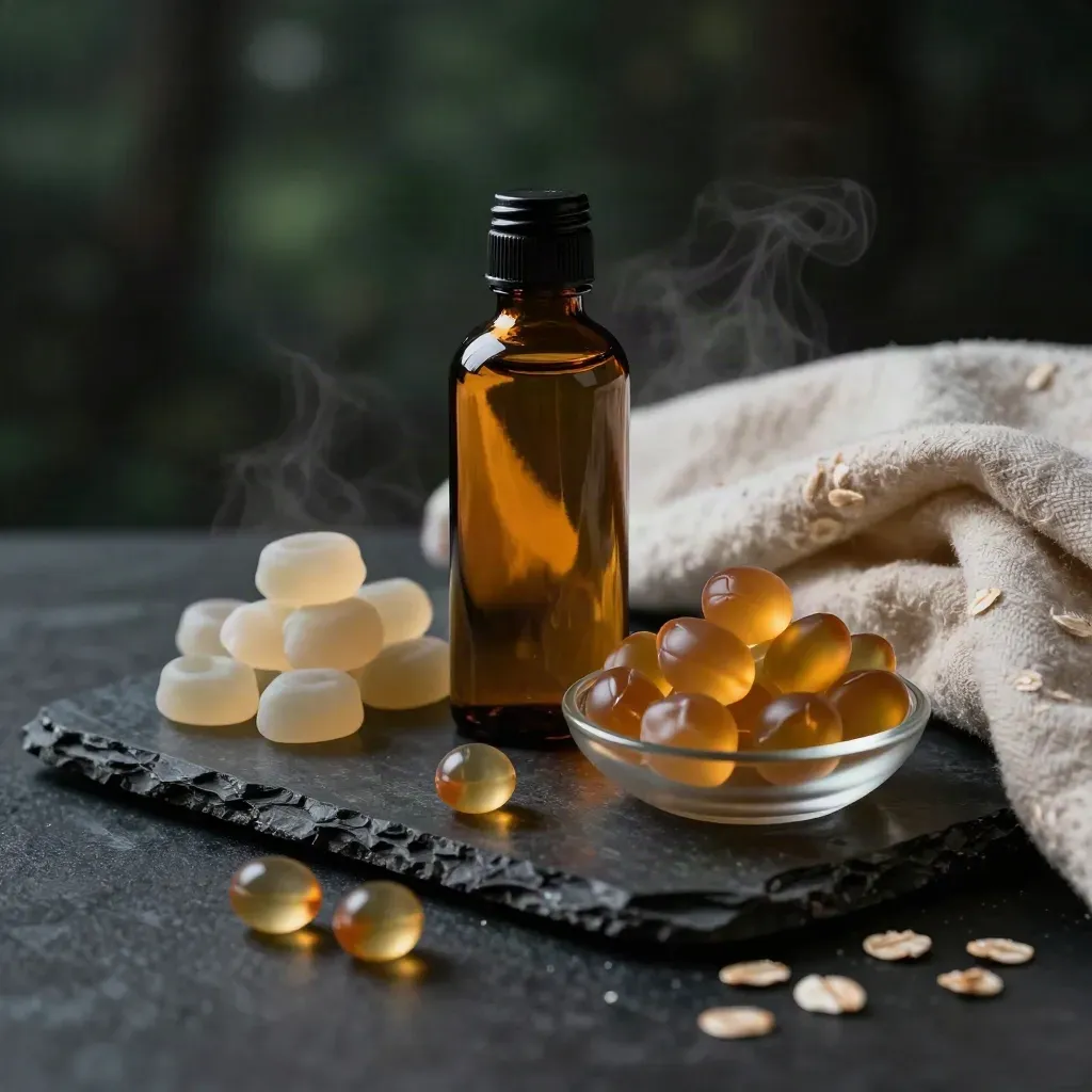Amber CBD oil, gummies, and softgels on a stone tray beside a folded duvet in dramatic low light.