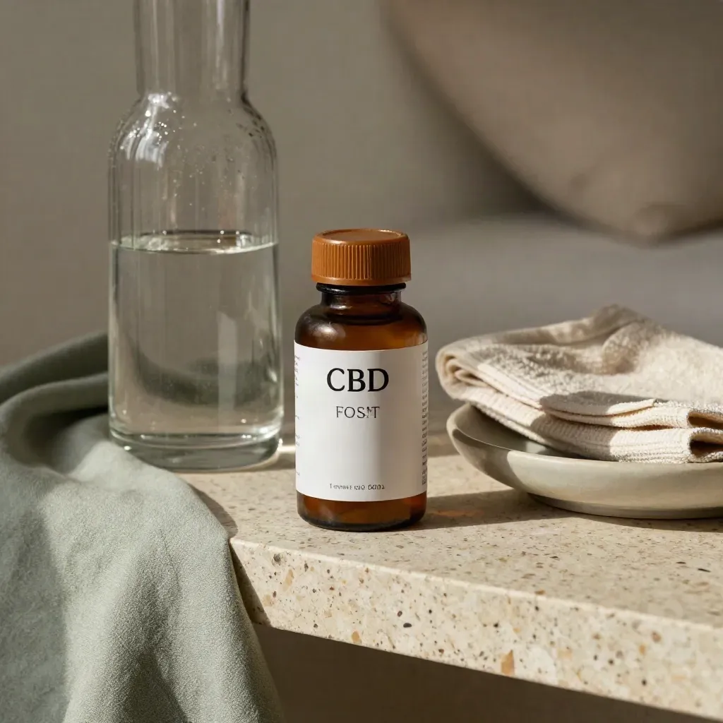 CBD softgel bottle beside water carafe, towel and ceramic dish on a calm bedside shelf