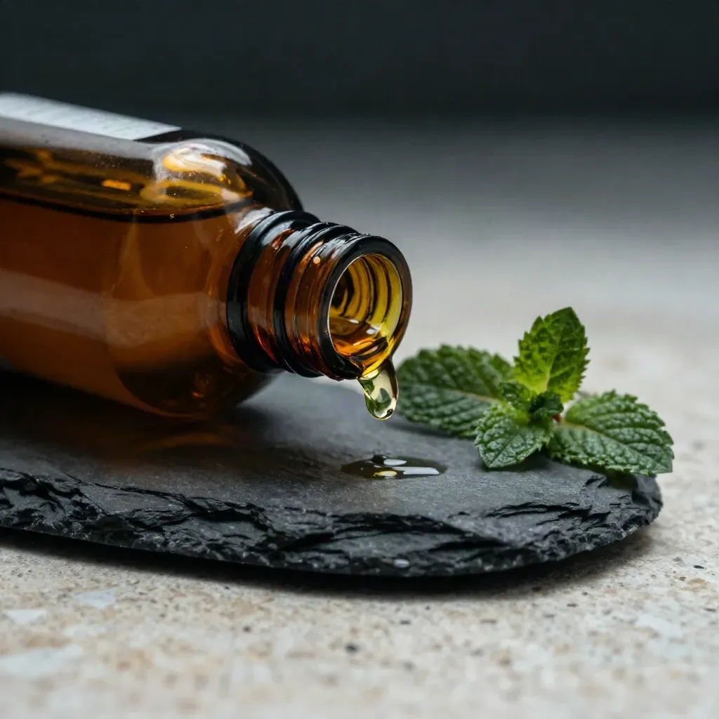 Amber hemp oil bottle leaning on slate with mint leaf, pipette and glistening oil tip.