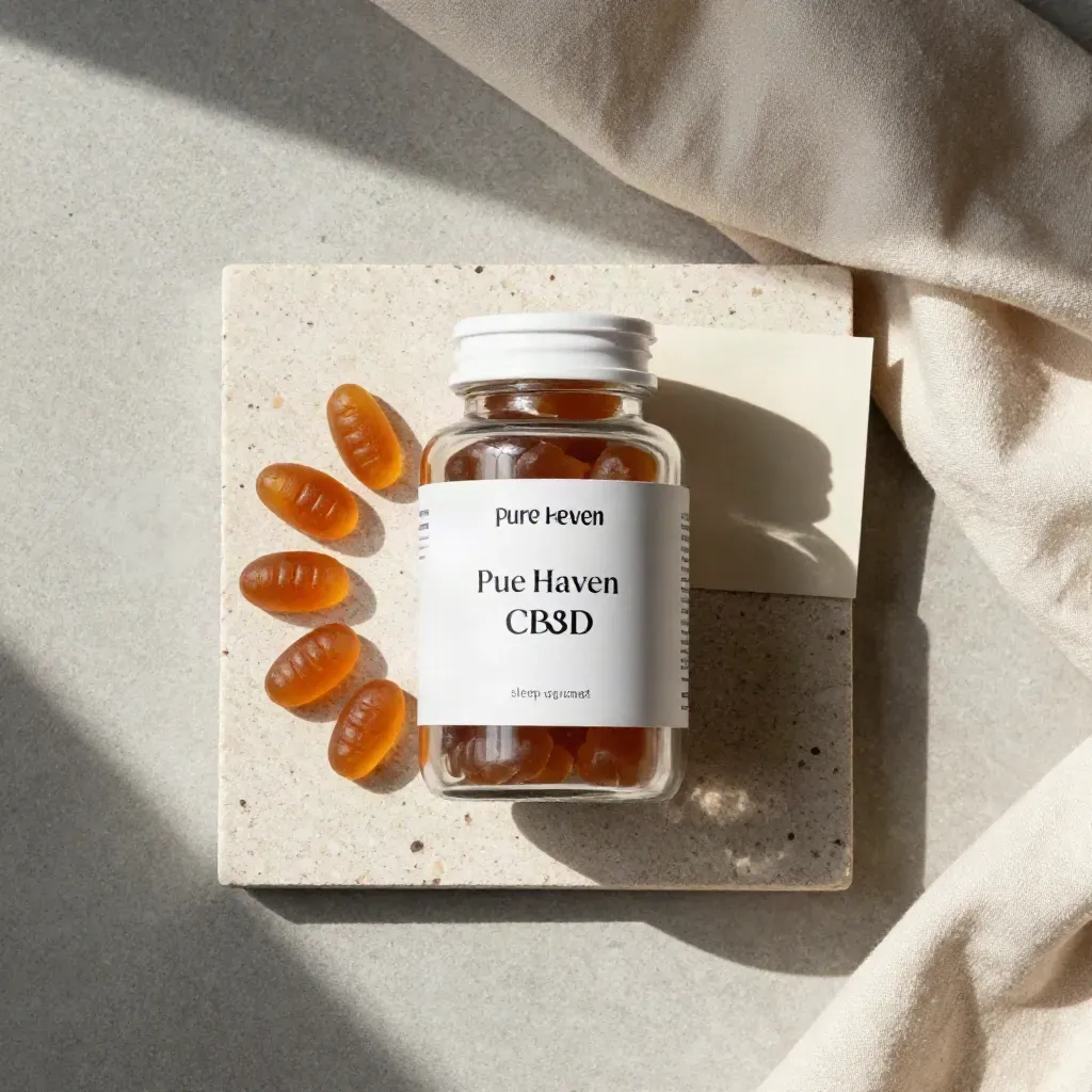 Overhead flatlay of a clear sleep gummies jar with crescent gummies, cream stone and linen fold.