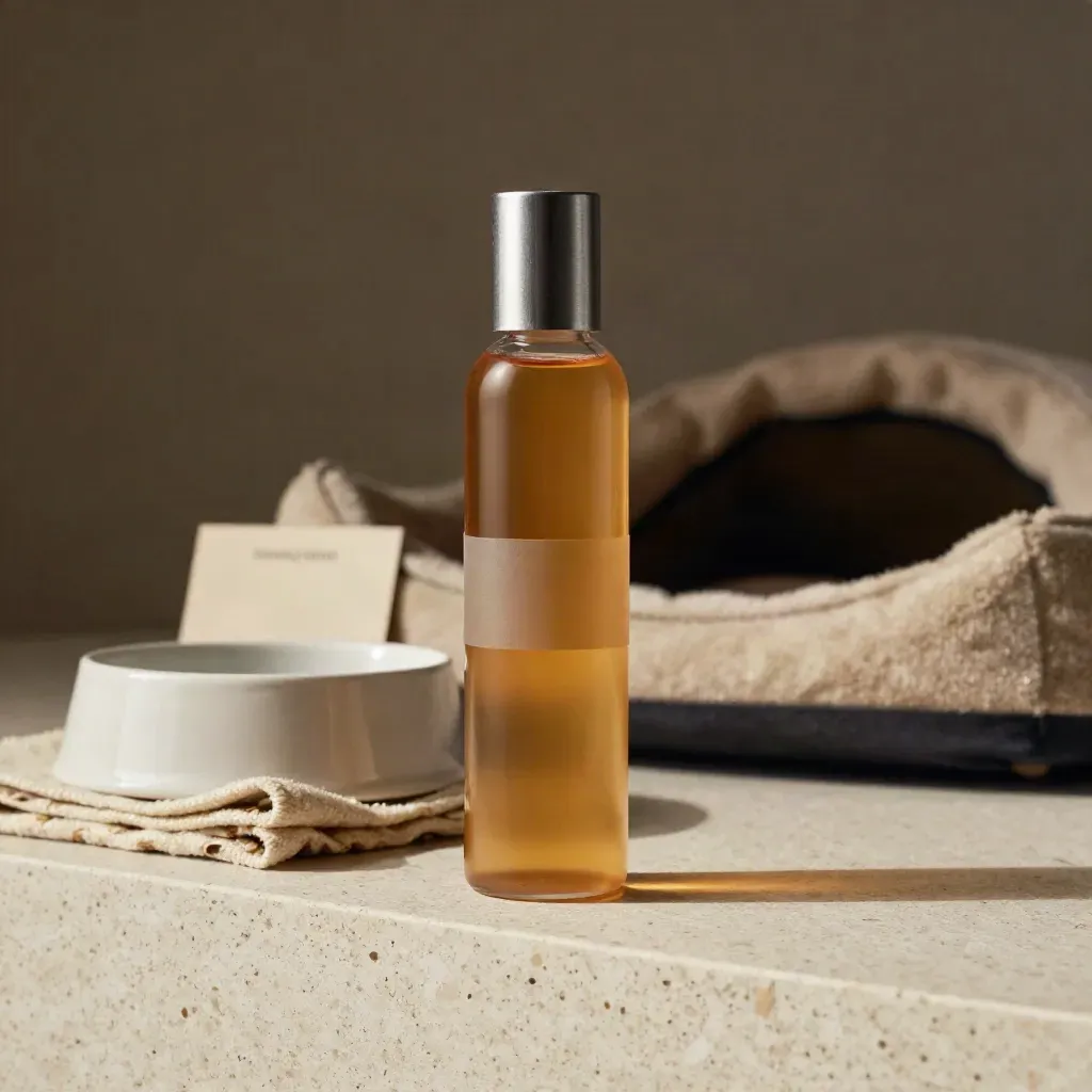 Clear pet tincture bottle beside a water bowl and blanket folds in a calm studio setup