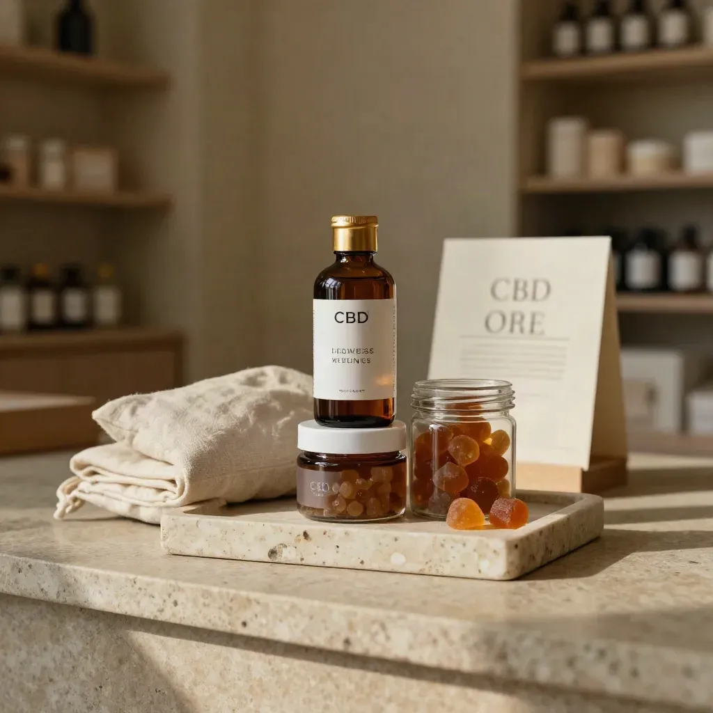 Amber CBD oil and gummies jar on travertine tray with linen pouch in soft studio light.