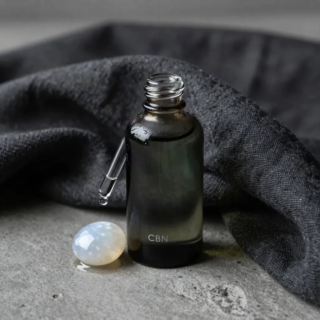 Dark glass CBD oil bottle with dropper, moonstone, and charcoal linen in moody light.