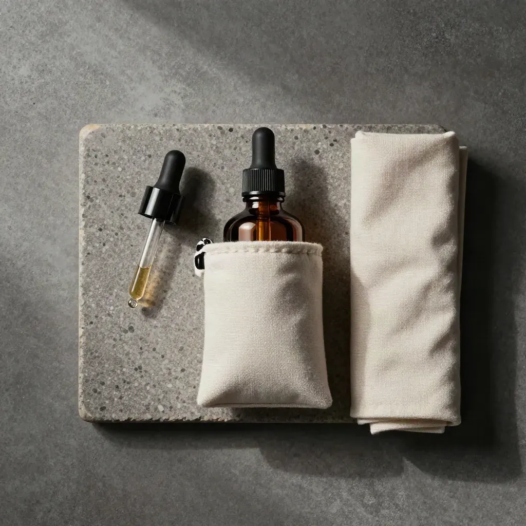 Overhead flatlay of a travel tincture bottle with canvas pouch, pebbled tray and cream cloth