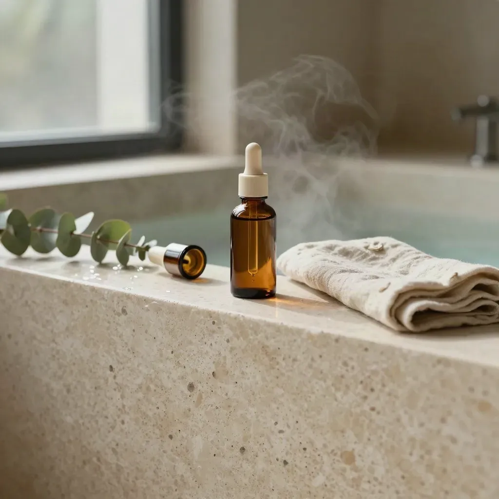 Travertine spa ledge with amber CBD tincture bottles, eucalyptus, and misty frosted window.
