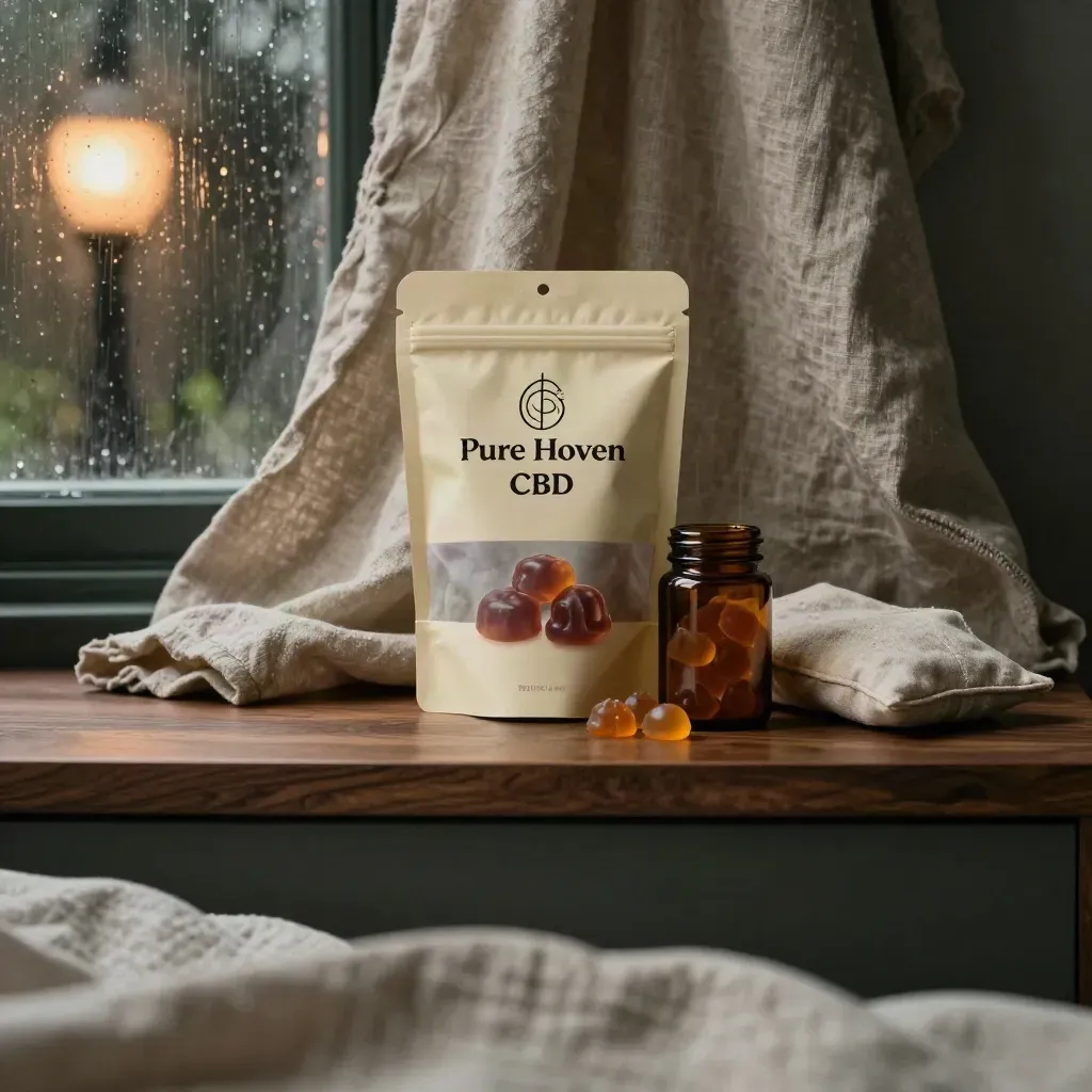 Walnut bedside still life with sleep gummies pack, linen drape, lamp glow and rainy window.
