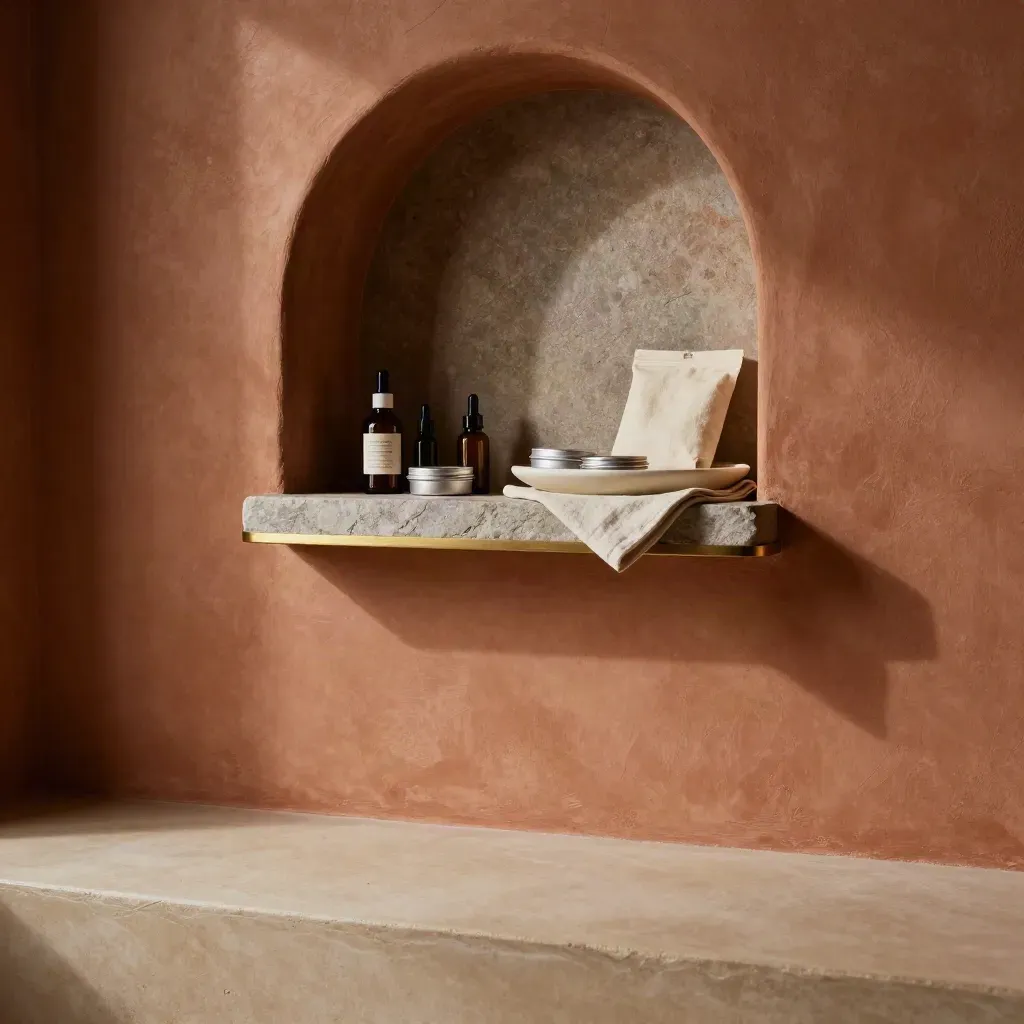 Sunlit plaster niche with CBD topical balms and amber glass on a calm stone surface.