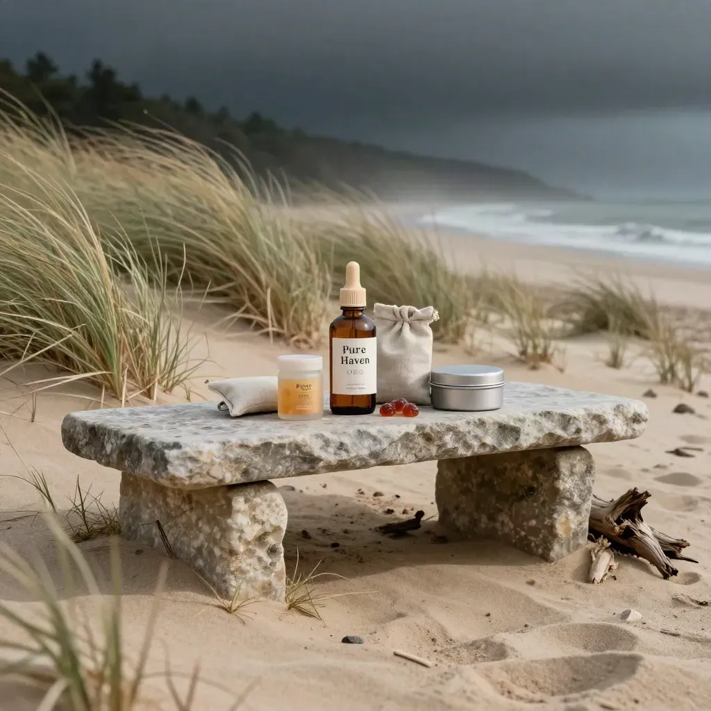 CBD wellness bundle on a coastal dune bench above pale grass and sea haze