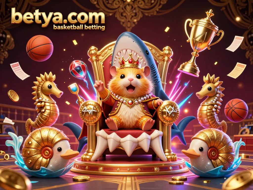 Engage in betya.com basketball betting with our fierce hamster king in a vibrant arena scene.