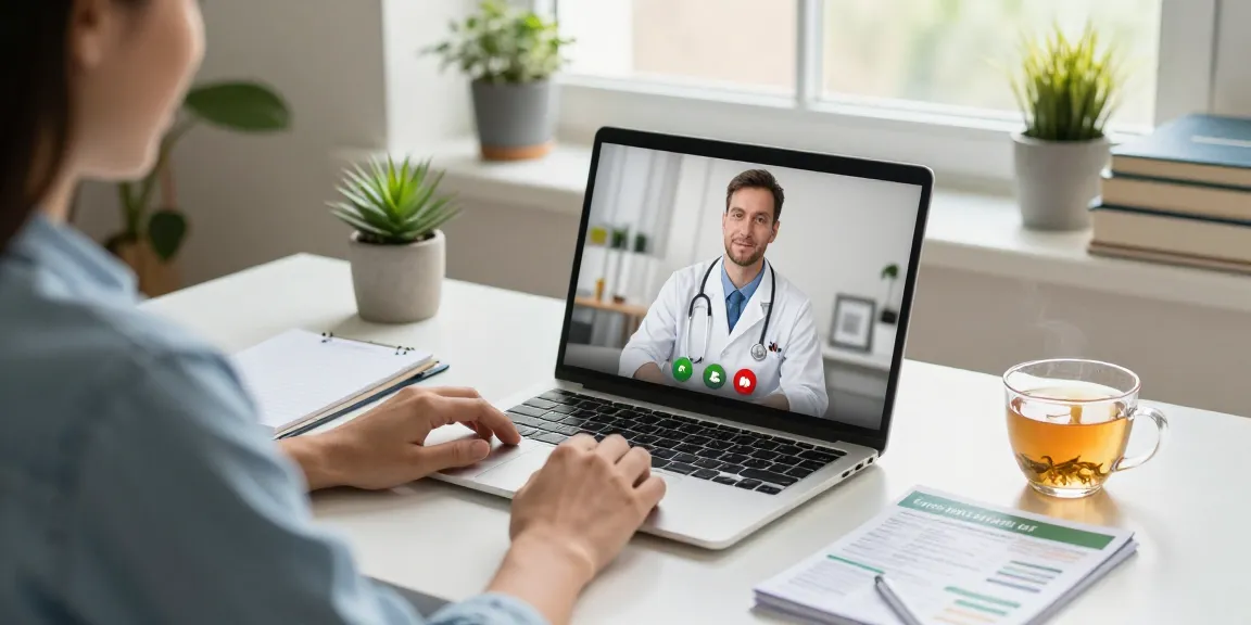 Patient consulting for an Ohio MMJ card online with a doctor in a cozy home office