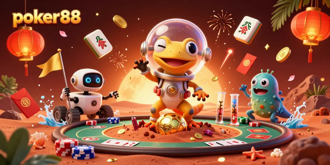 Engage with poker88's thrilling poker experience, highlighted by a vibrant scene of Martian gamblers.