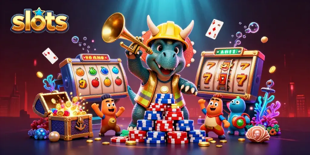 Celebrate winning slots with triceratops and friends building chip pyramids in vivid detail.