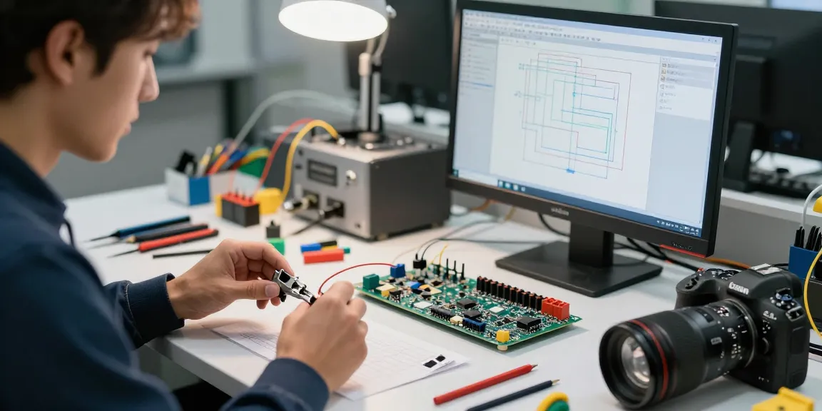 Expert engineer assembling crimp connectors in a high-tech workspace.