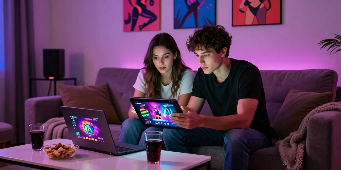 Young adults enjoying a thrilling sex game on their devices in a cozy living room.
