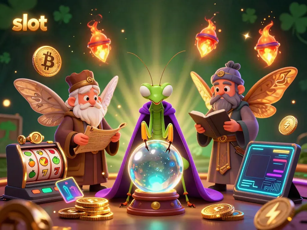 Engaging slot-themed scene with a praying mantis fortune teller and a moth librarian amidst slot reels and glowing crypto coins.