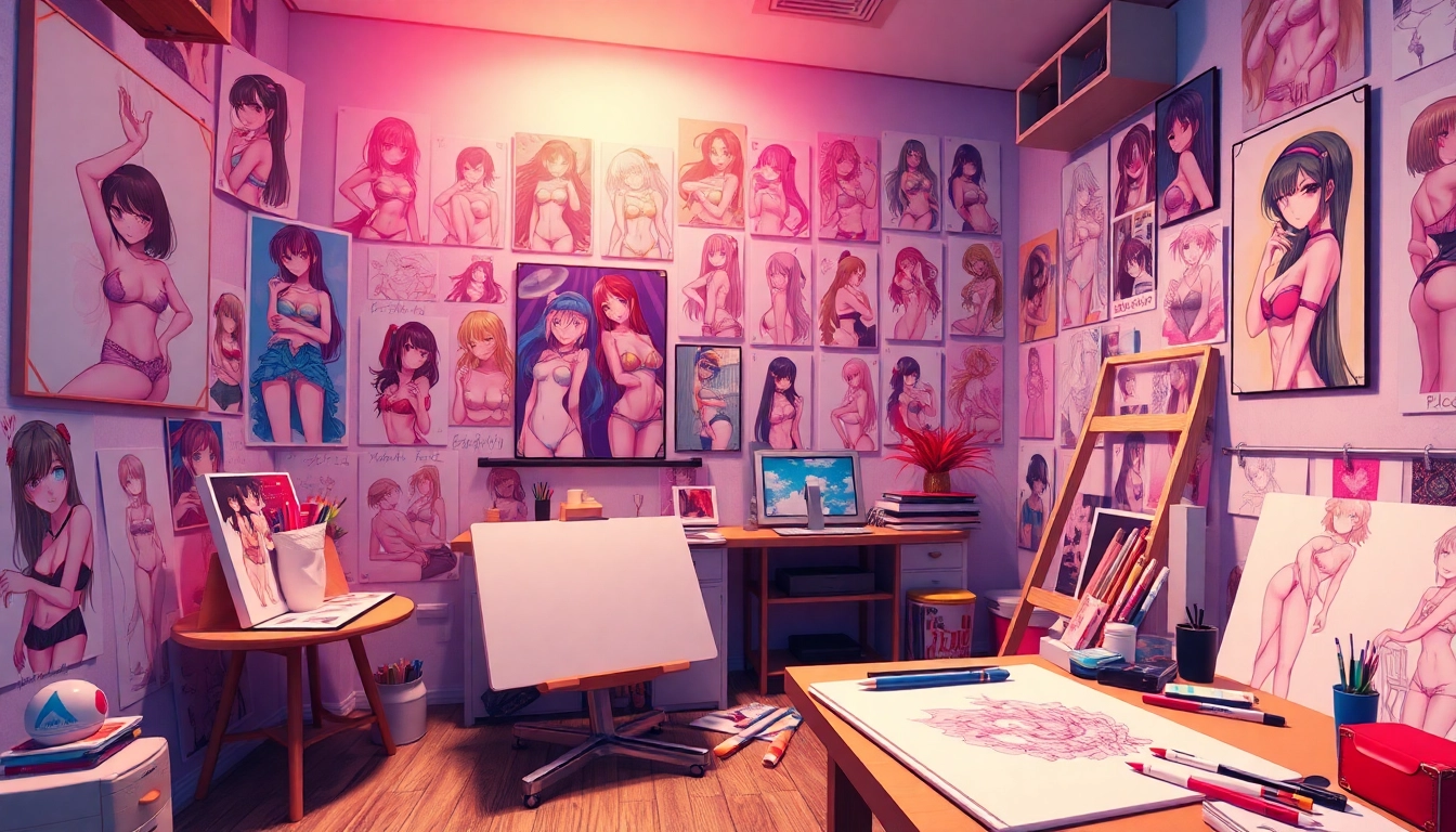 Vibrant anime art studio with sensual sketches depicting anime sex characters.