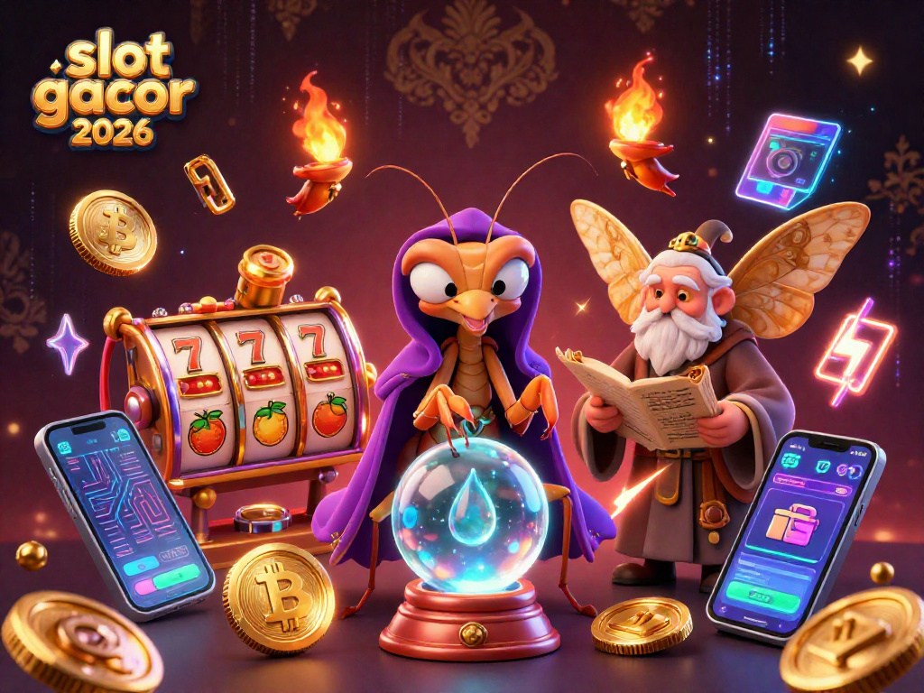 Menangkan jackpot dengan slot gacor 2026 dalam ilustrasi kasino yang dinamis dan berwarna-warni.