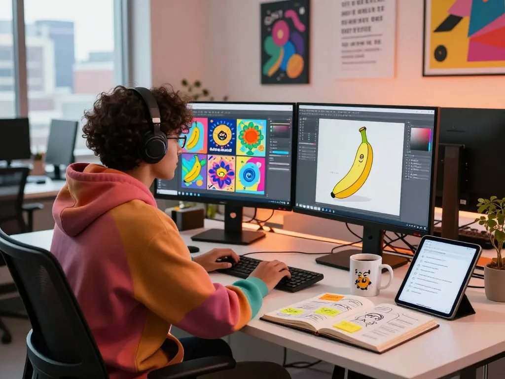 Designer creating vibrant visuals with nano banana 2 in a modern lab.