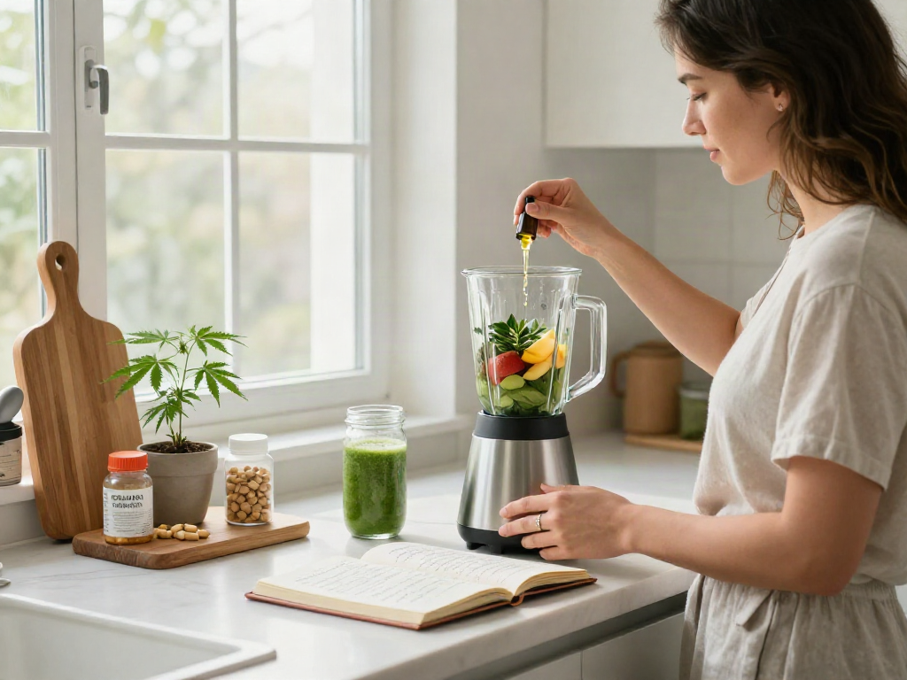 California online dispensary that ships - woman preparing CBD smoothie in bright kitchen with wellness essentials.