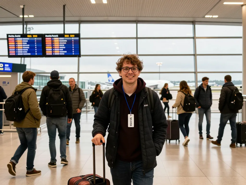 Liverpool John Lennon Airport from Halifax traveler arriving with luggage at busy airport terminal.