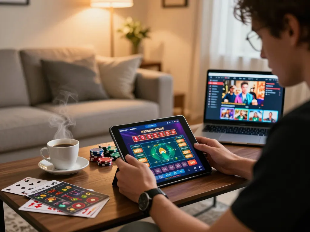 Playing nano banana flash on a tablet while analyzing poker strategies in a cozy gaming setup