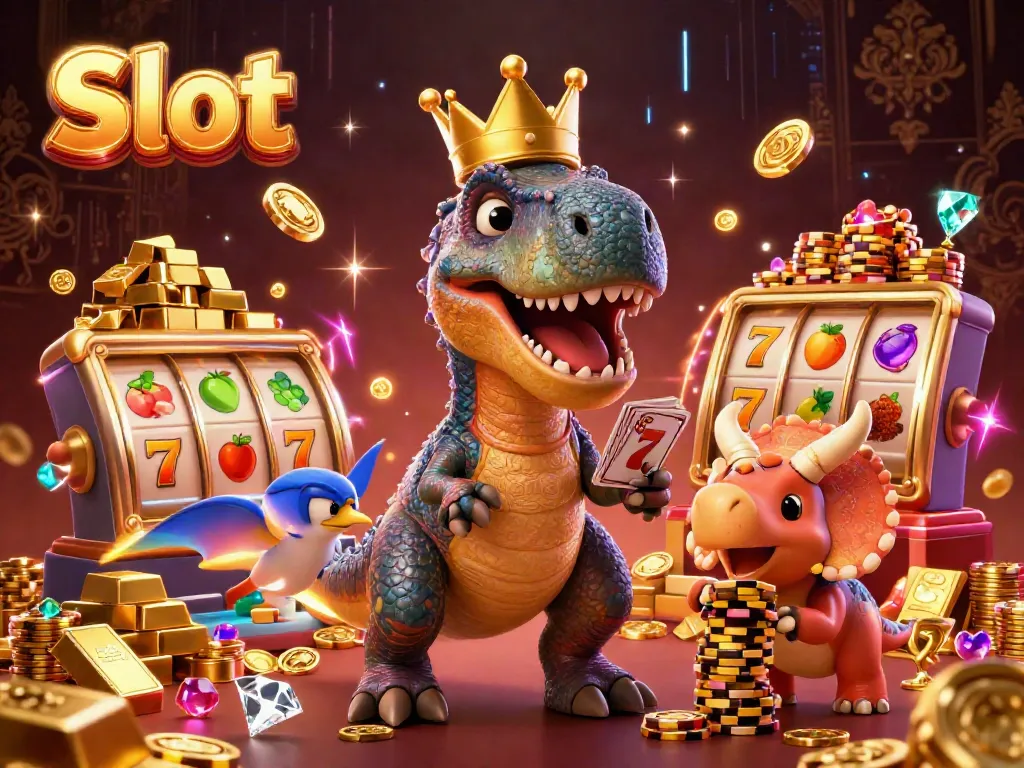 Memutar Slot yang berkilau dengan karakter lucu, T-Rex dan Pterodactyl di tengah tumpukan chip emas.