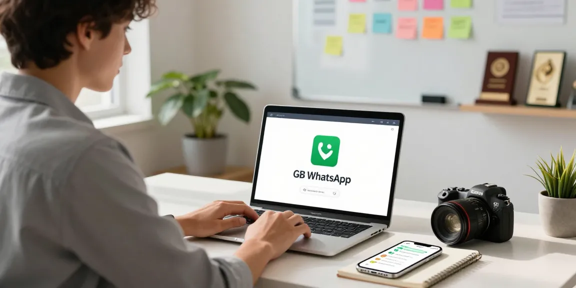 Explore GB WhatsApp features while a professional works in a modern home office.