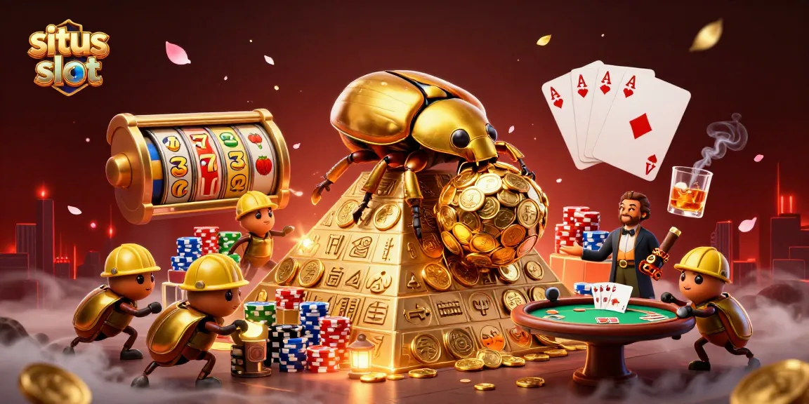 Permainan situs slot dengan kumbang emas menggulir koin di piramida, simbol kasino menghiasi latar belakang.