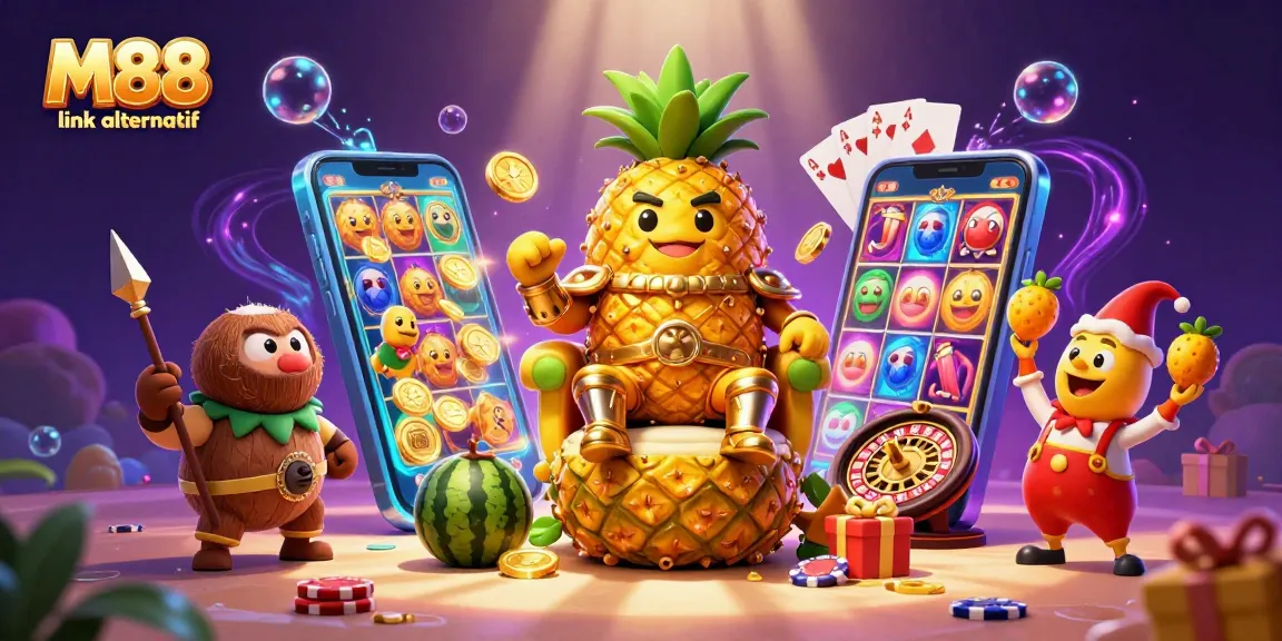 M88 link alternatif features a vibrant casino scene with a golden pineapple king, coconut guards, slot game, and lively elements.