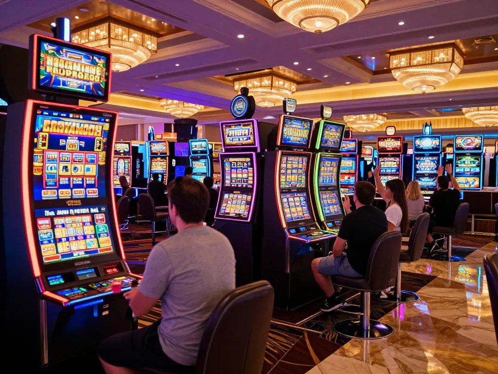 Players celebrating at slot machines during a dynamic slot bet 100 session in a Las Vegas casino.