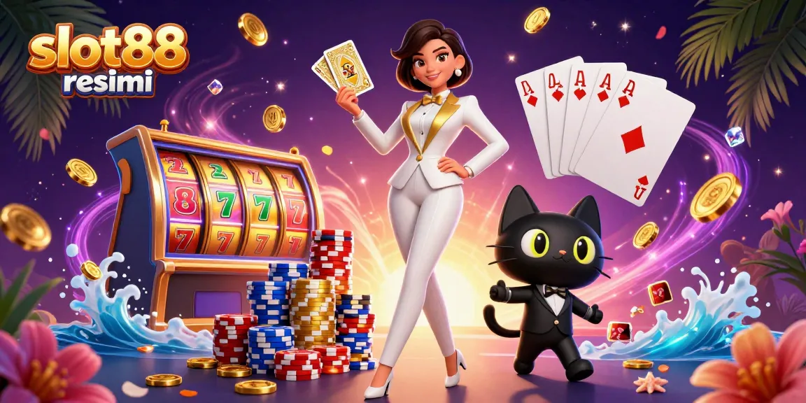 Rasakan kegembiraan dengan slot88 resmi dalam ilustrasi kasino yang menarik yang menampilkan kartu dan kekayaan.