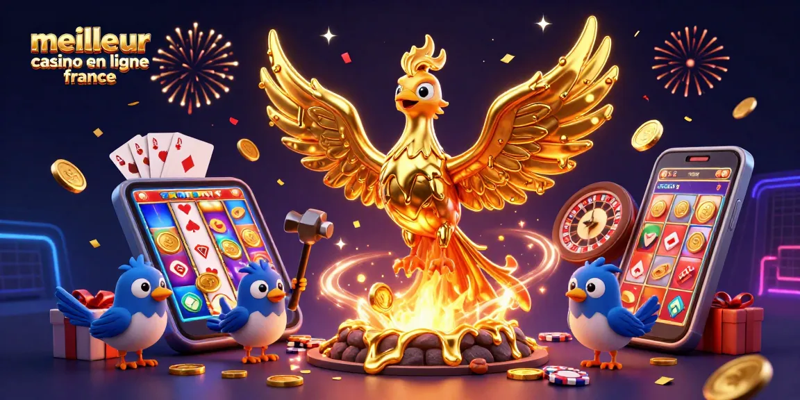 Illustration dynamique du meilleur casino en ligne France avec un phénix doré et des jeux de casino.
