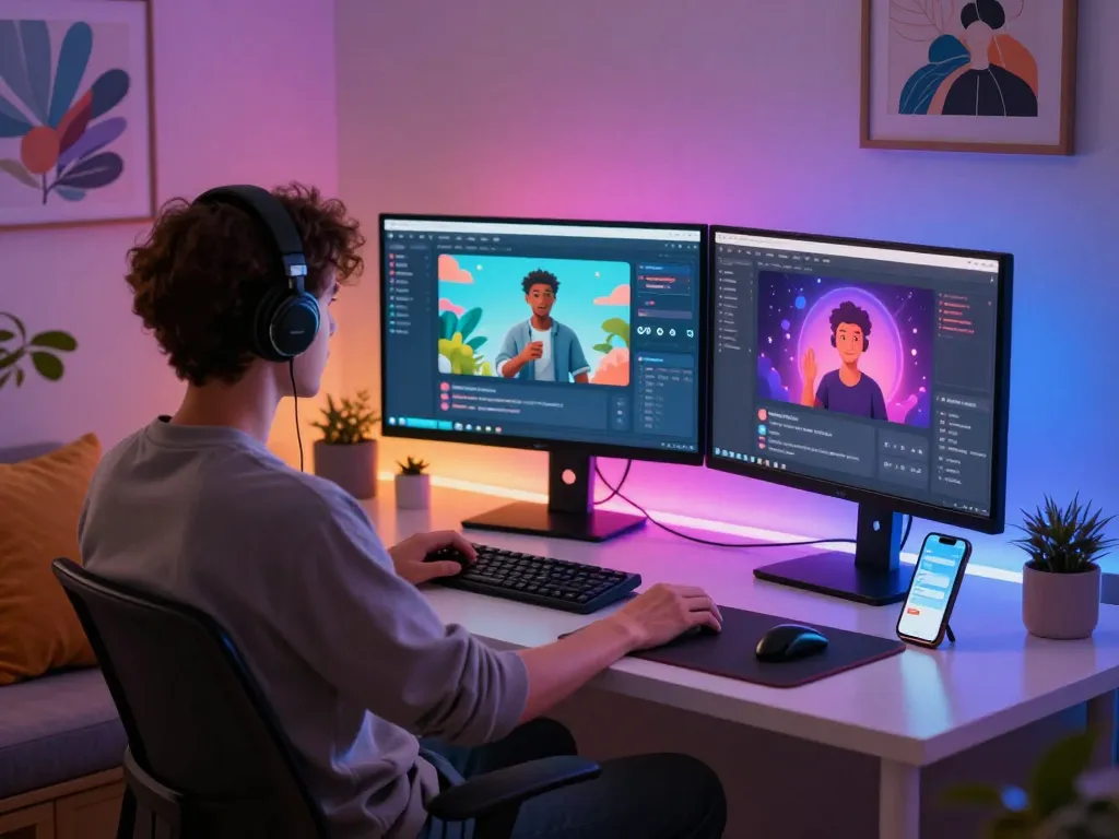 Engaging NSFW AI environment with user interacting via dual monitors, colorful lighting, and character chat interface.