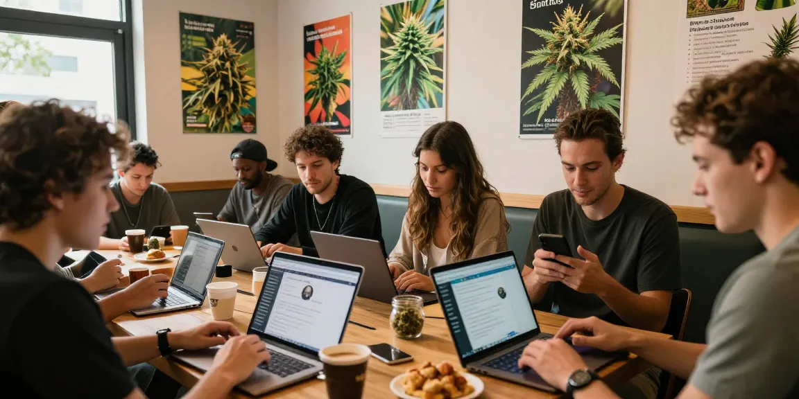 uk weed telegram community discussing cannabis trends in a cozy coffee shop
