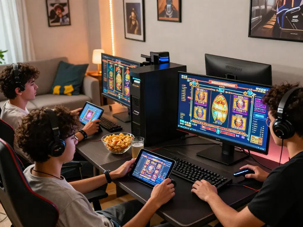 Exciting scene of players enjoying slot online games on devices, highlighting vibrant graphics and engaging atmosphere.