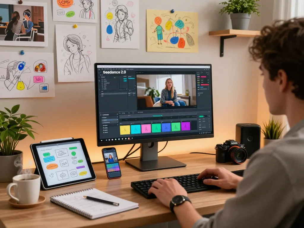 Content creator using seedance 2.0 in a vibrant studio with video concepts and digital devices.