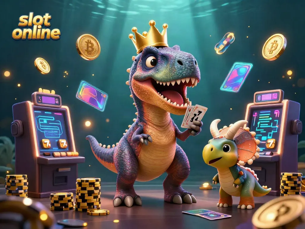 Permainan slot online dengan karakter dinosaur seperti T-Rex dan triceratops, menumpuk chip emas dan kartu.